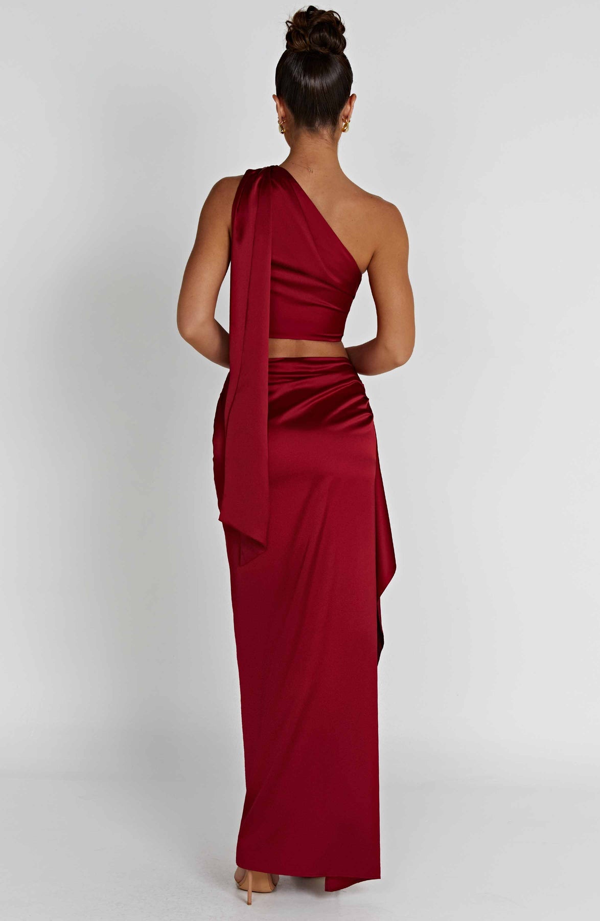 One-shoulder Satin Short Top High Waist Split Maxi Dress E aclosy