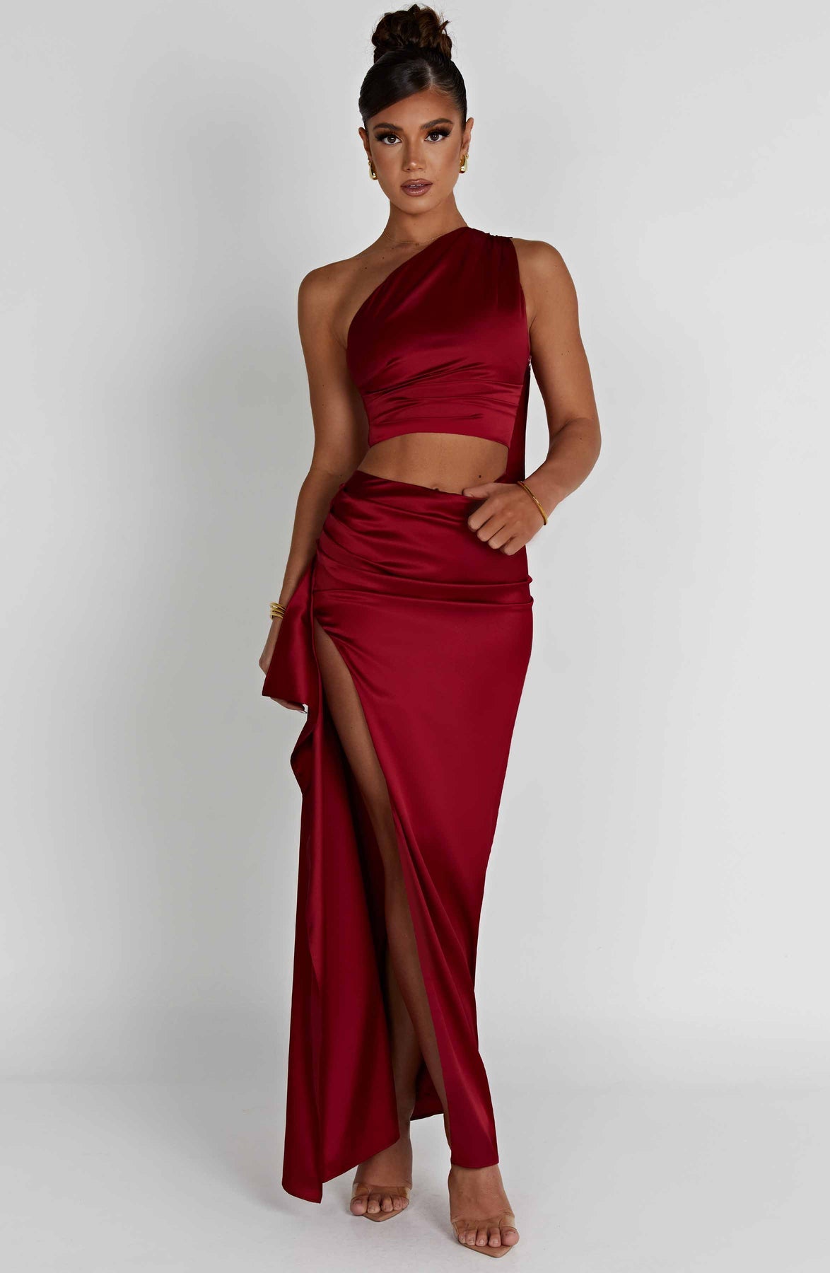 One-shoulder Satin Short Top High Waist Split Maxi Dress E aclosy