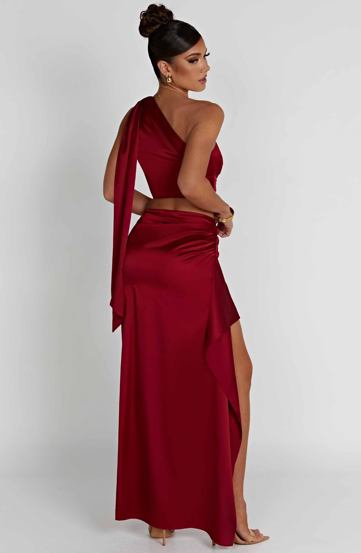 One-shoulder Satin Short Top High Waist Split Maxi Dress E aclosy