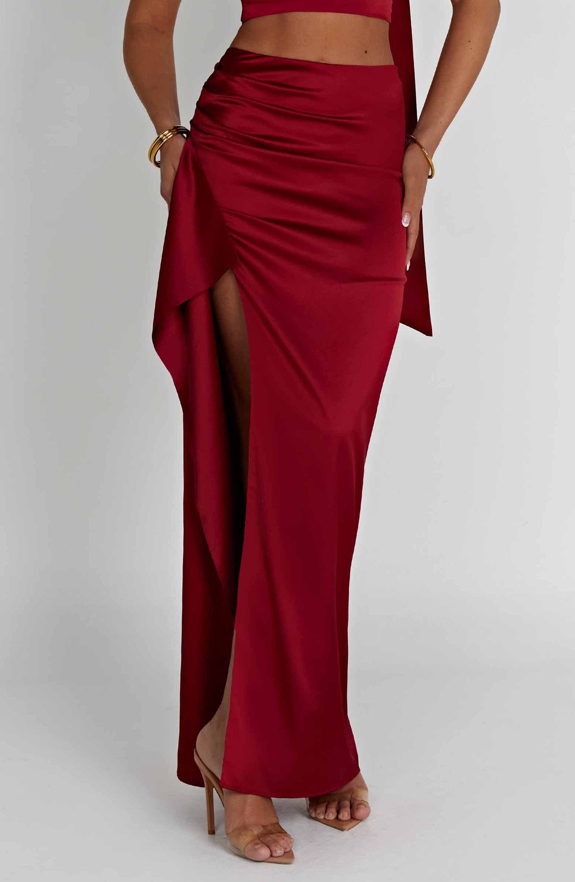 One-shoulder Satin Short Top High Waist Split Maxi Dress E aclosy