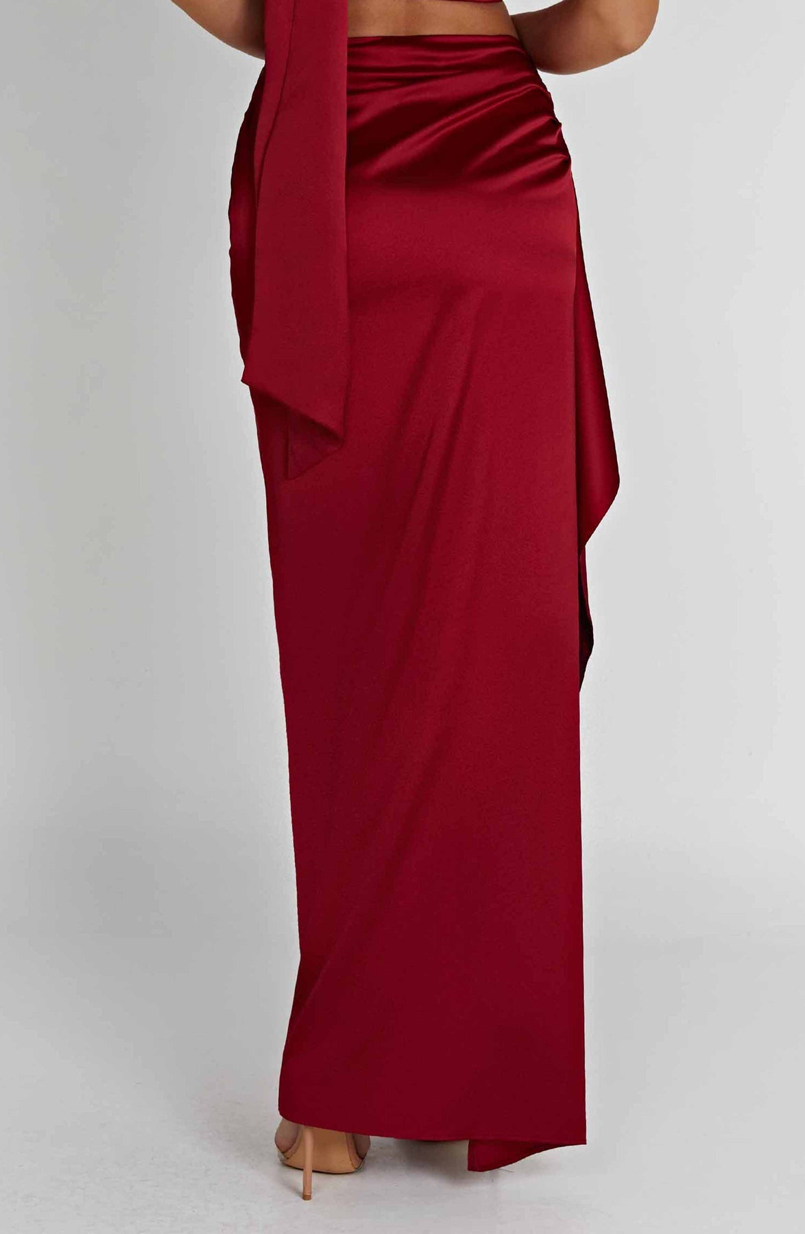 One-shoulder Satin Short Top High Waist Split Maxi Dress E aclosy