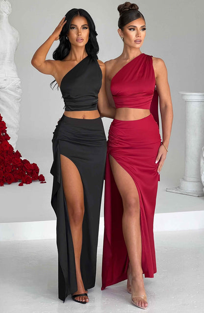 One-shoulder Satin Short Top High Waist Split Maxi Dress E aclosy