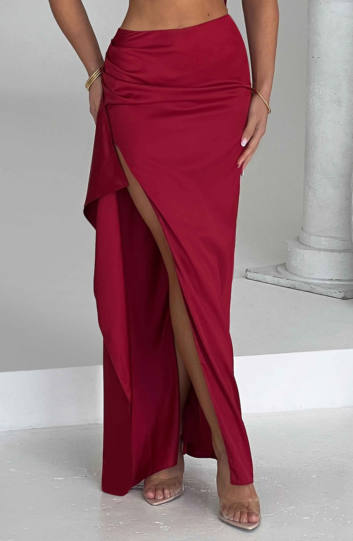 One-shoulder Satin Short Top High Waist Split Maxi Dress E aclosy