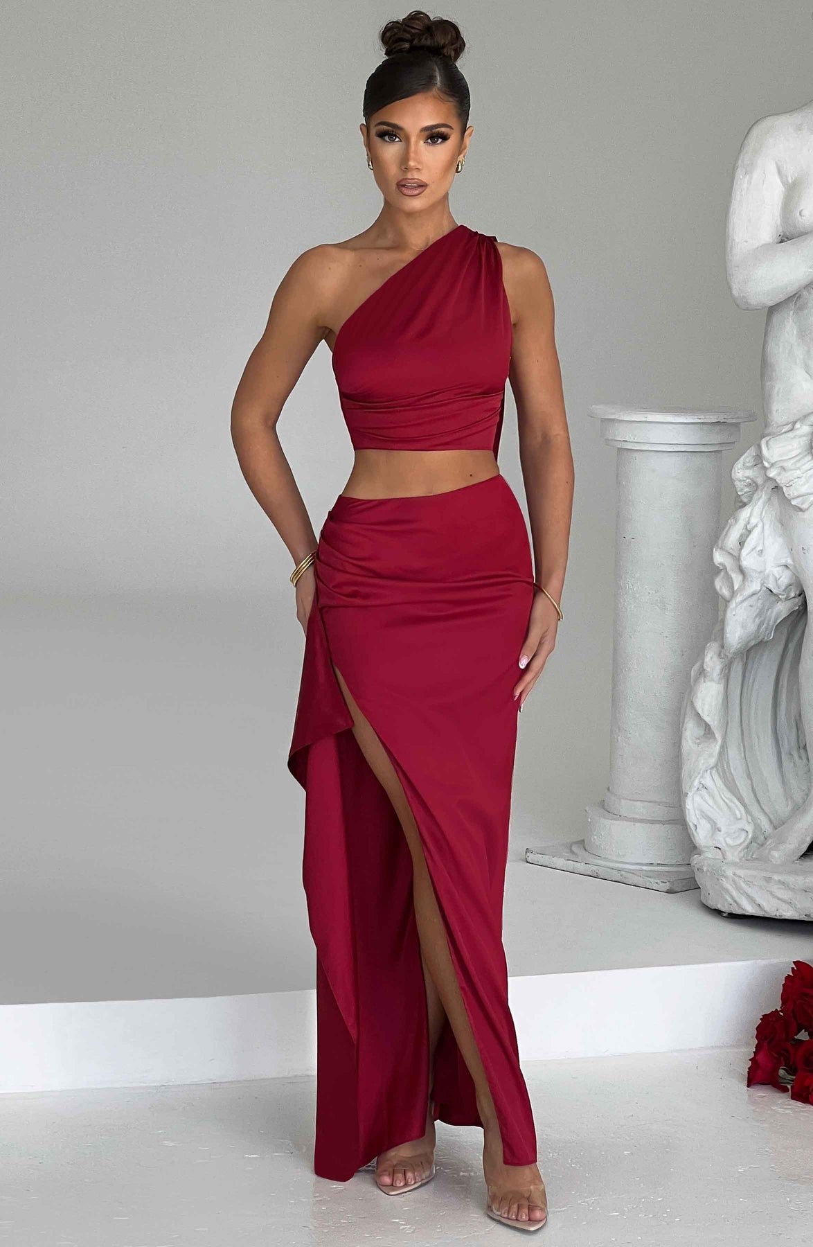 One-shoulder Satin Short Top High Waist Split Maxi Dress E aclosy