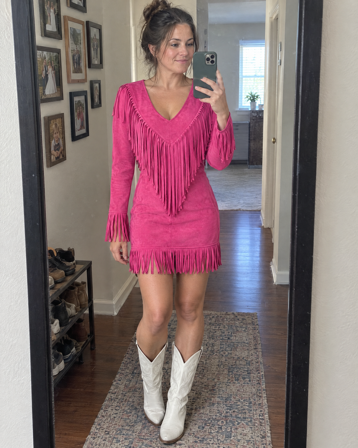 dakota fringe suede v-neck long sleeve mini dress in hot pink - front view on model