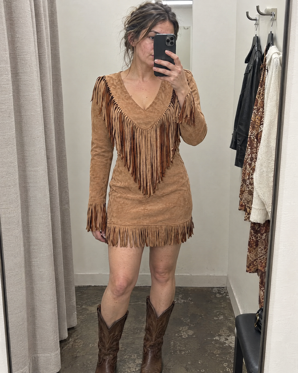 dakota fringe suede v-neck long sleeve mini dress in brown - styled with cowboy boots