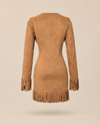 dakota fringe suede v-neck long sleeve mini dress in brown - back view