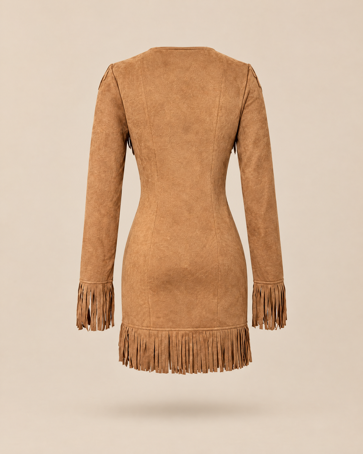 dakota fringe suede v-neck long sleeve mini dress in brown - back view