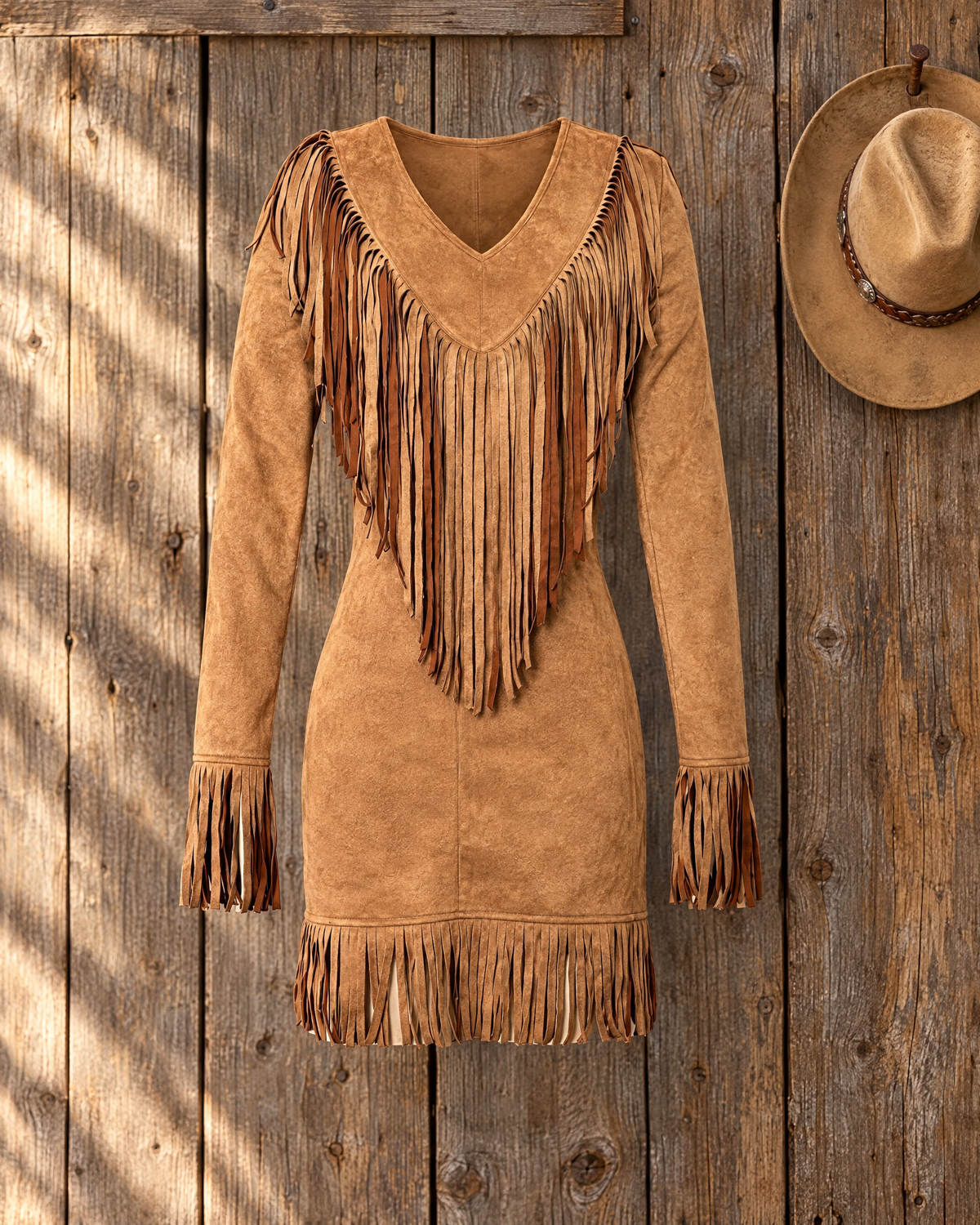 dakota fringe suede v-neck long sleeve mini dress in brown - detail view
