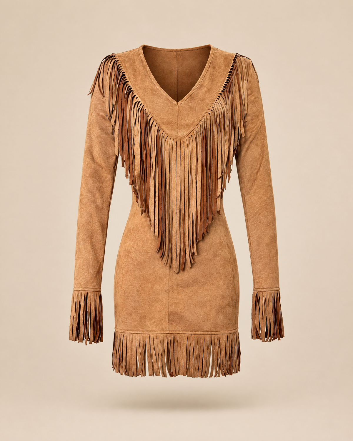 dakota fringe suede v-neck long sleeve mini dress in brown - front view