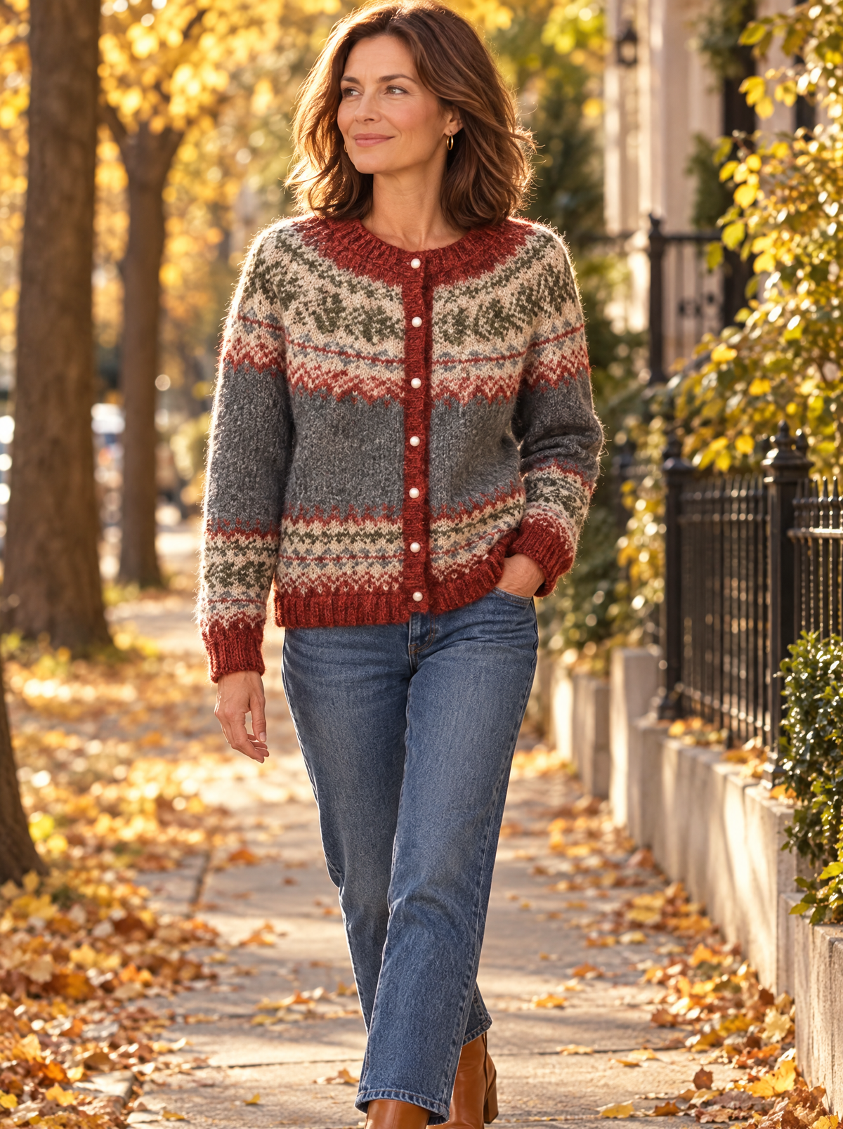 embla vintage fair isle button cardigan in rust gray - styled with jeans