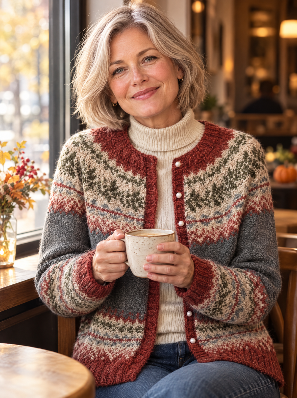 embla vintage fair isle button cardigan in rust gray - worn open over turtleneck