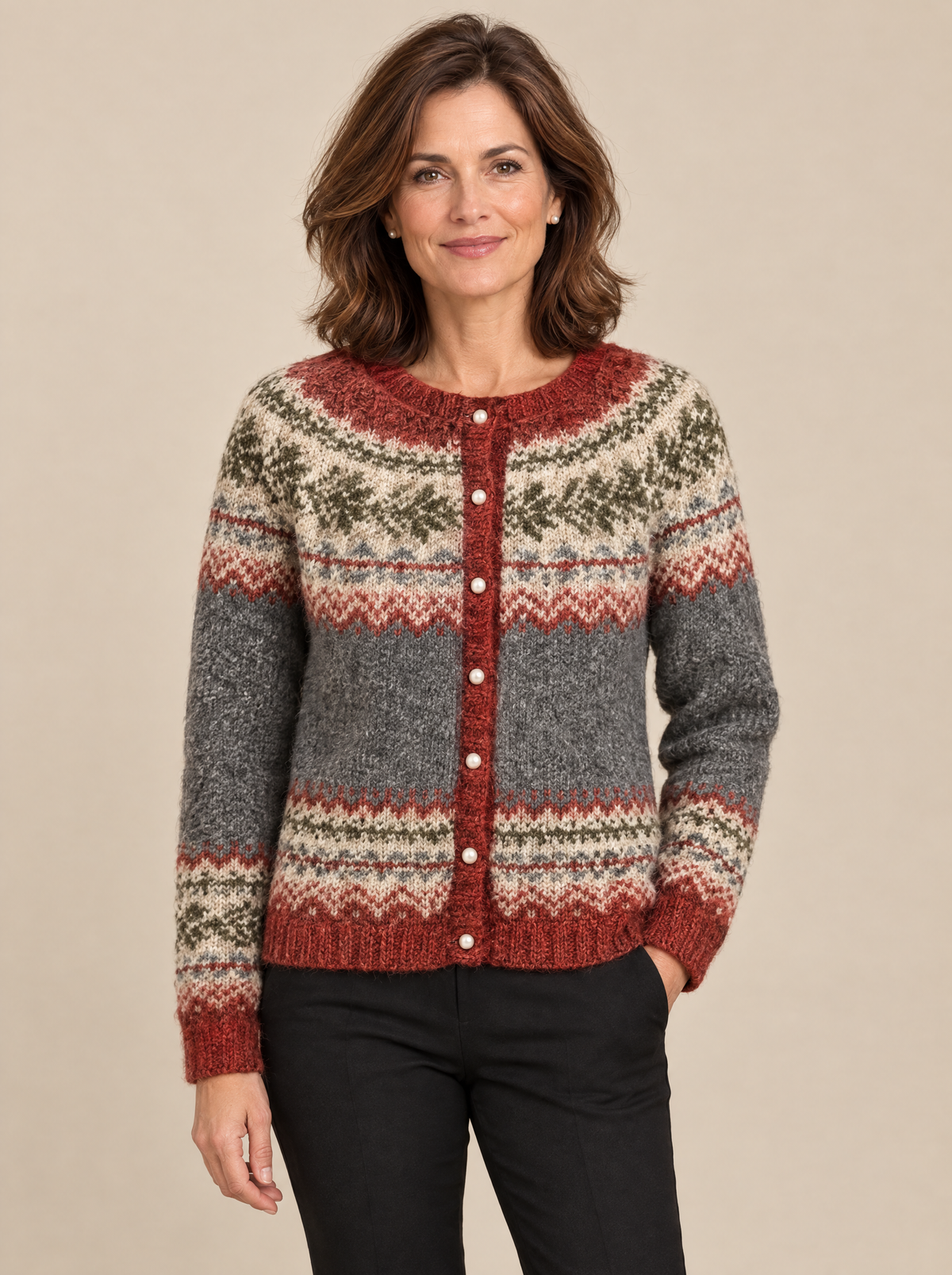 embla vintage fair isle button cardigan in rust gray - front view