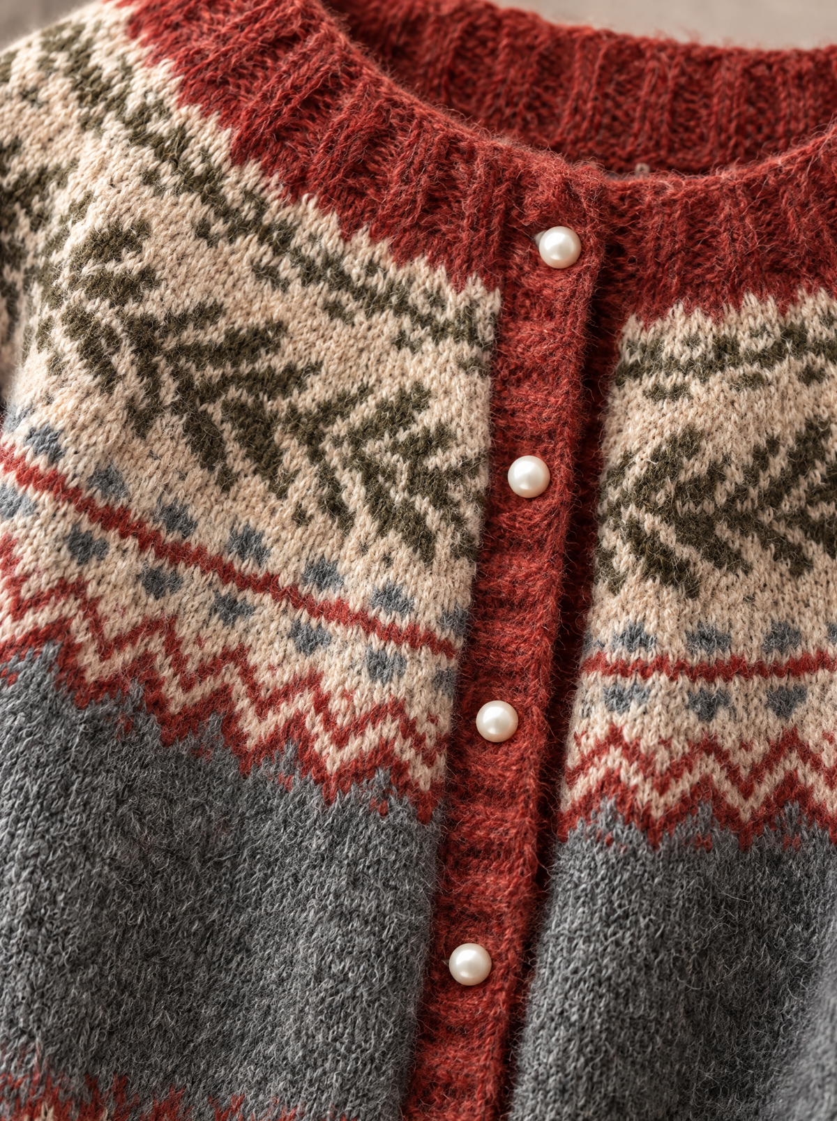 embla vintage fair isle button cardigan in rust gray - knit and pearl button detail