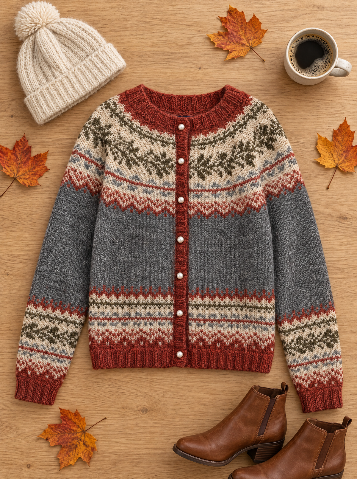 embla vintage fair isle button cardigan in rust gray - flat lay