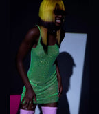 Women's Light Diamond Fishnet Sequined Sexy Hollow-out Camisole Dress Aclosy