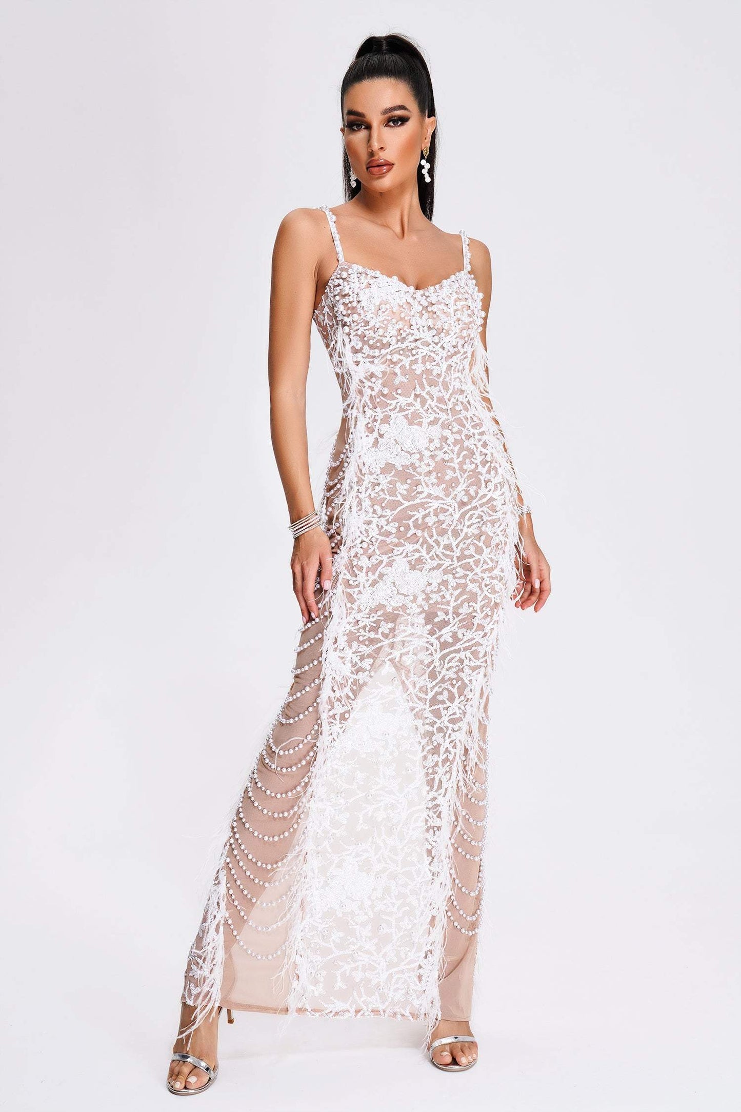 Feather Beaded Banquet Evening Dress aclosy