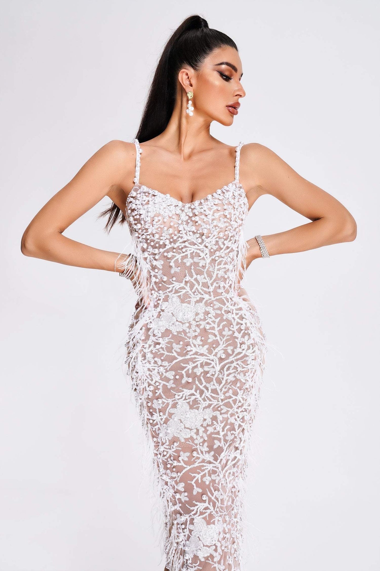 Feather Beaded Banquet Evening Dress aclosy