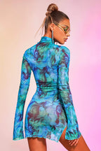 Mesh Printed Round Neck Bell Sleeve Mini Dress aclosy