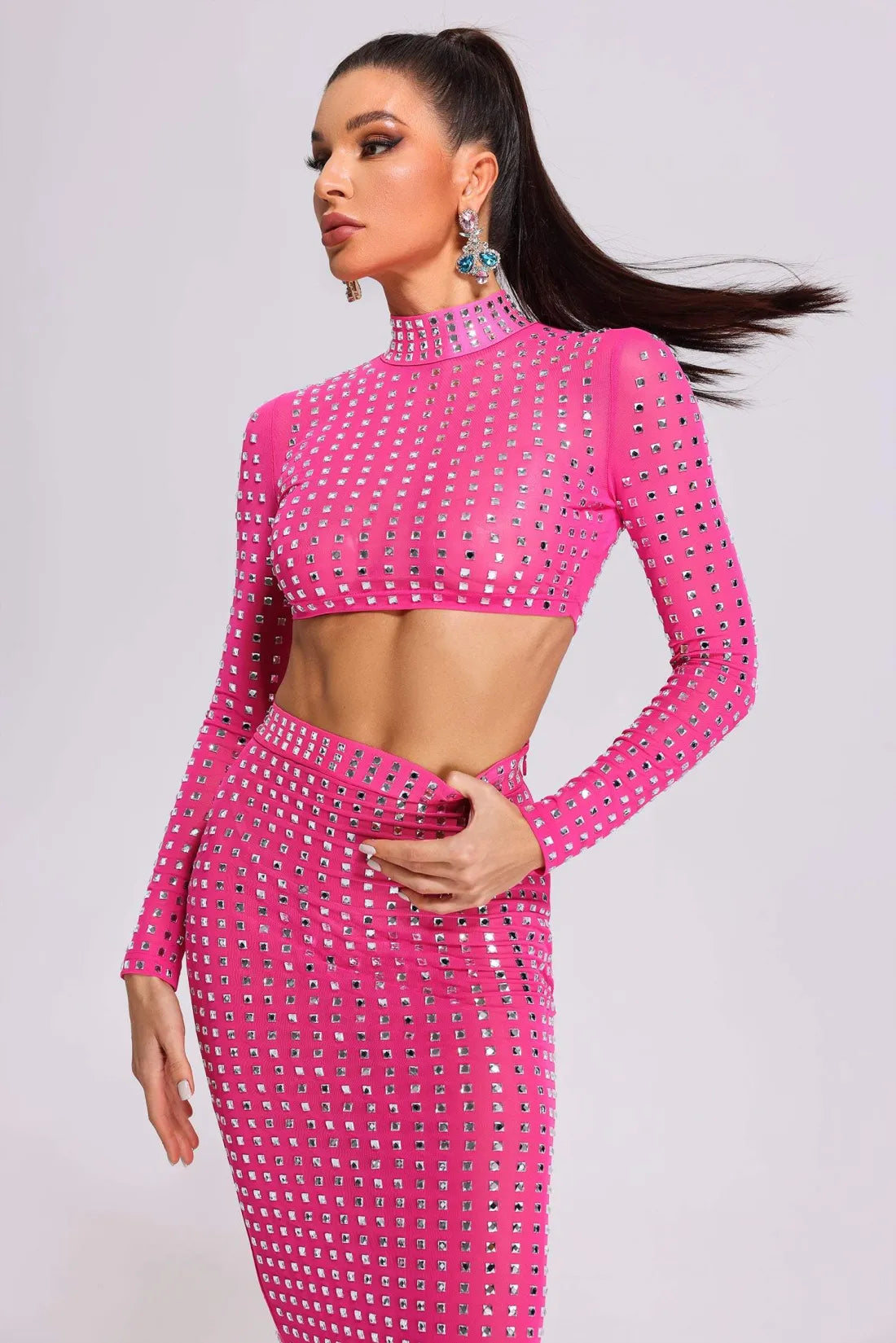 Hot Girl Women's Fashion Rivet Elastic Tight Skirt Suit aclosy