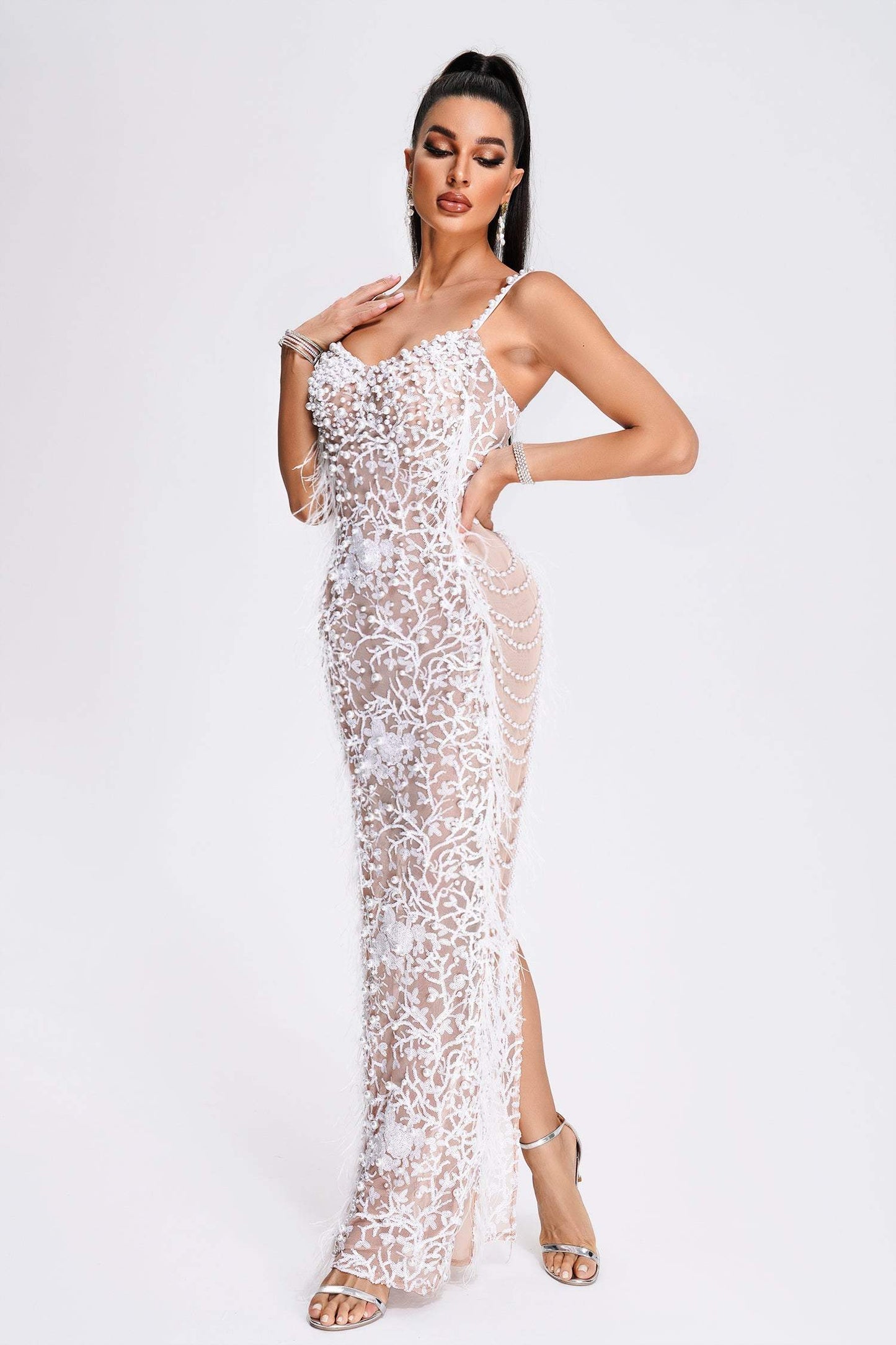 Feather Beaded Banquet Evening Dress aclosy