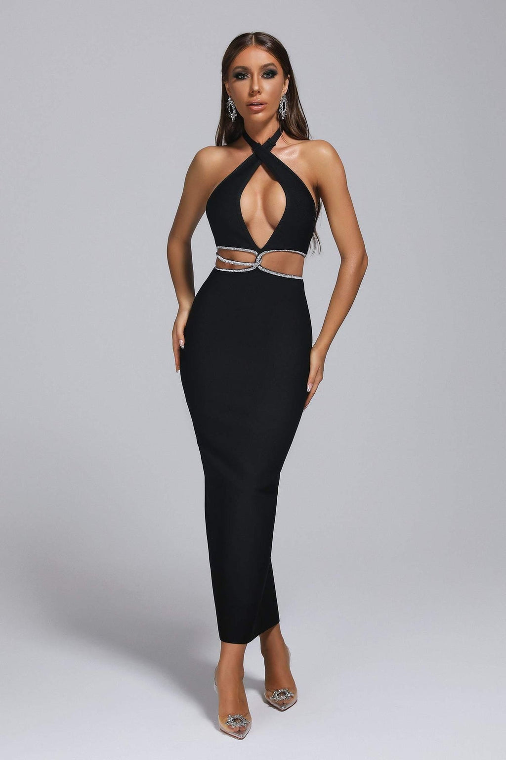 Rhinestone Halter Neck Cutout Slit Midi Dress Trendsi