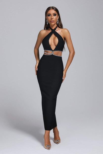 Rhinestone Halter Neck Cutout Slit Midi Dress Trendsi