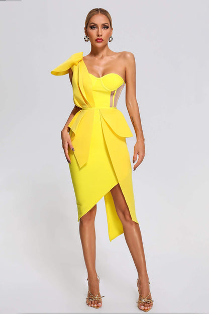 Irregular one-shoulder bowknot slim slim dress Aclosy