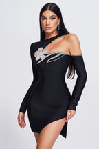 One-shoulder Round Neck Rhinestone Dress Aclosy