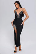 European And American New Suspender Bandage Dress Sexy Deep V Diamond Tassel Split Party Dress Aclosy