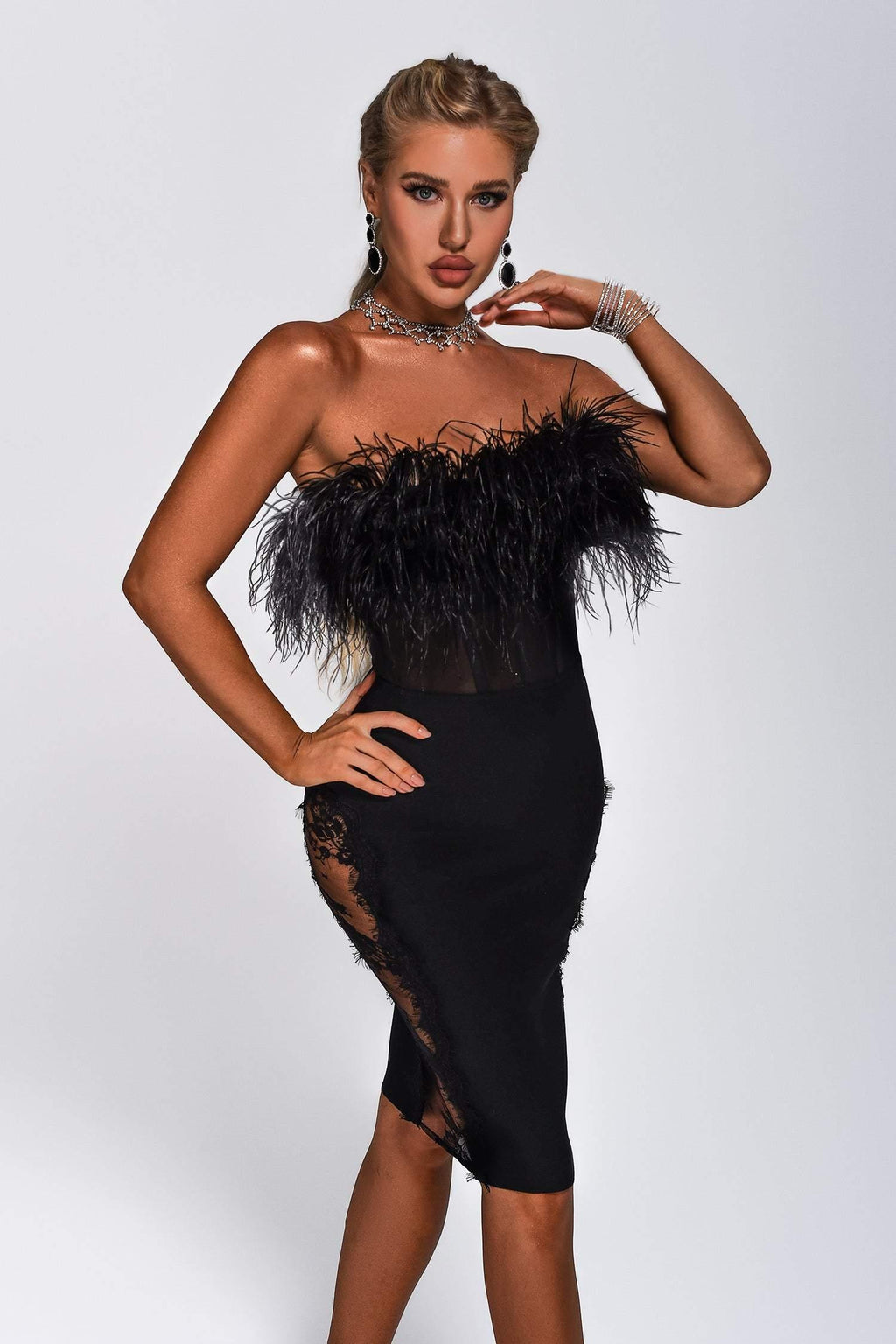 European And American Fashion Sexy Tube Top Ostrich Feather Mesh Lace Bandage One-piece Dress aclosy