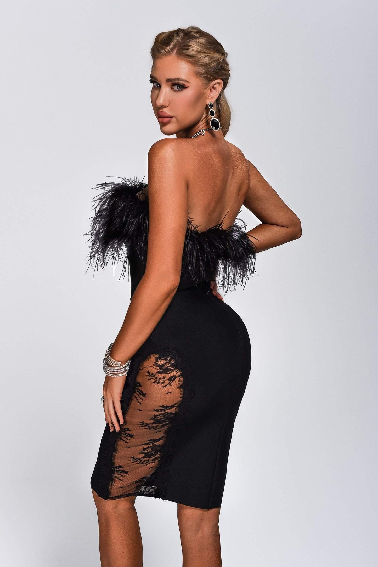 European And American Fashion Sexy Tube Top Ostrich Feather Mesh Lace Bandage One-piece Dress aclosy