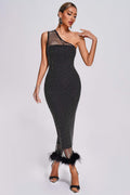 Full Diamond Feather Skirt Cross-shoulder Bag Hip Bandage One-piece Dress Aclosy