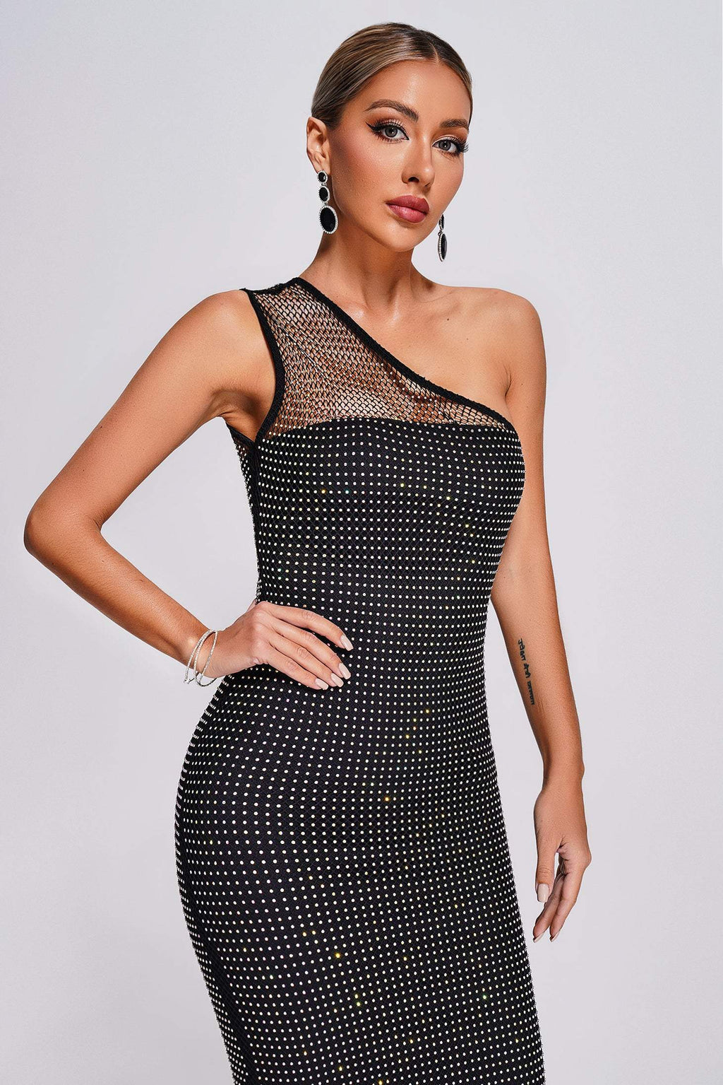 Full Diamond Feather Skirt Cross-shoulder Bag Hip Bandage One-piece Dress Aclosy