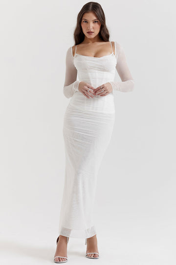 Mesh Stitching Lace Mid-length Dress-Gray  Aclosy