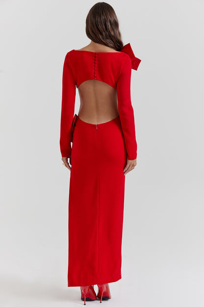 AEILA BOW BACKLESS SPLIT DRESS-RED