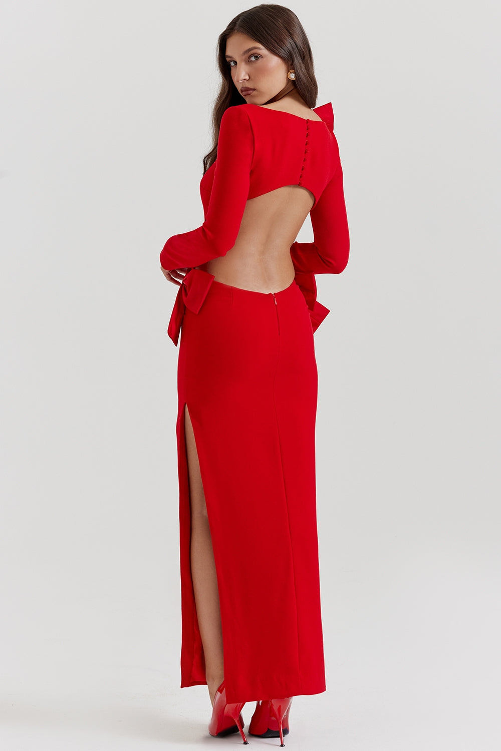 AEILA BOW BACKLESS SPLIT DRESS-RED