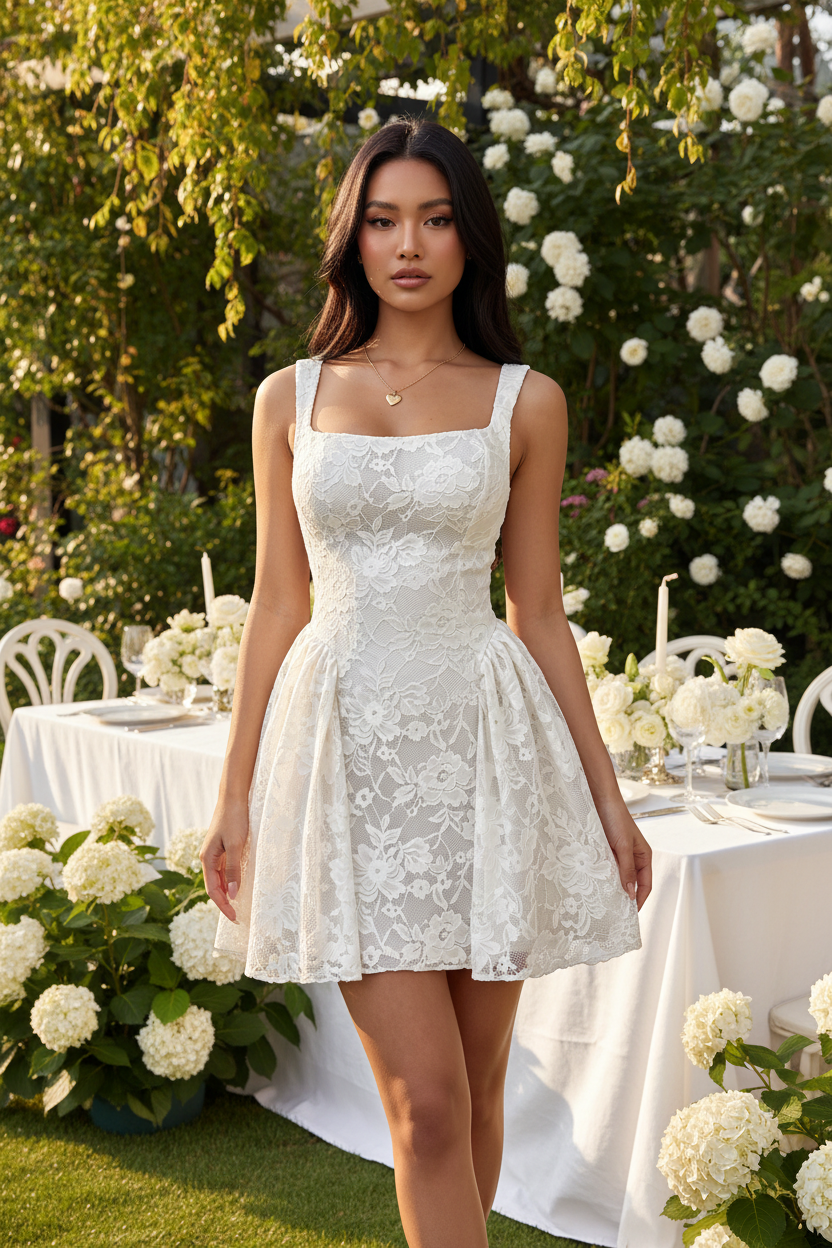 Lila floral lace square-neck mini dress in White at a garden brunch