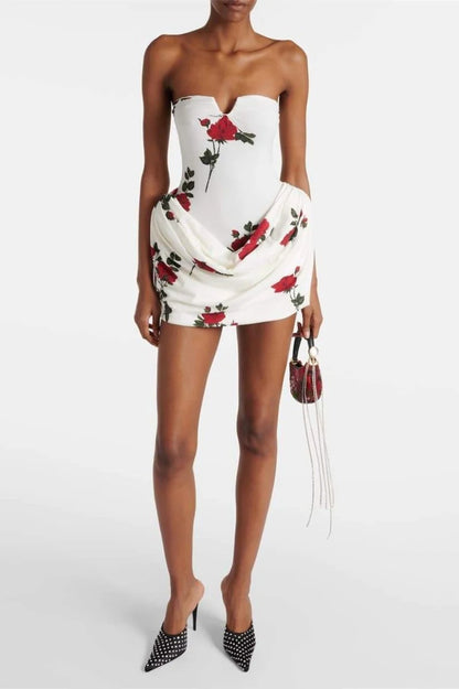 Chic Strapless Rose Mini Party Dress