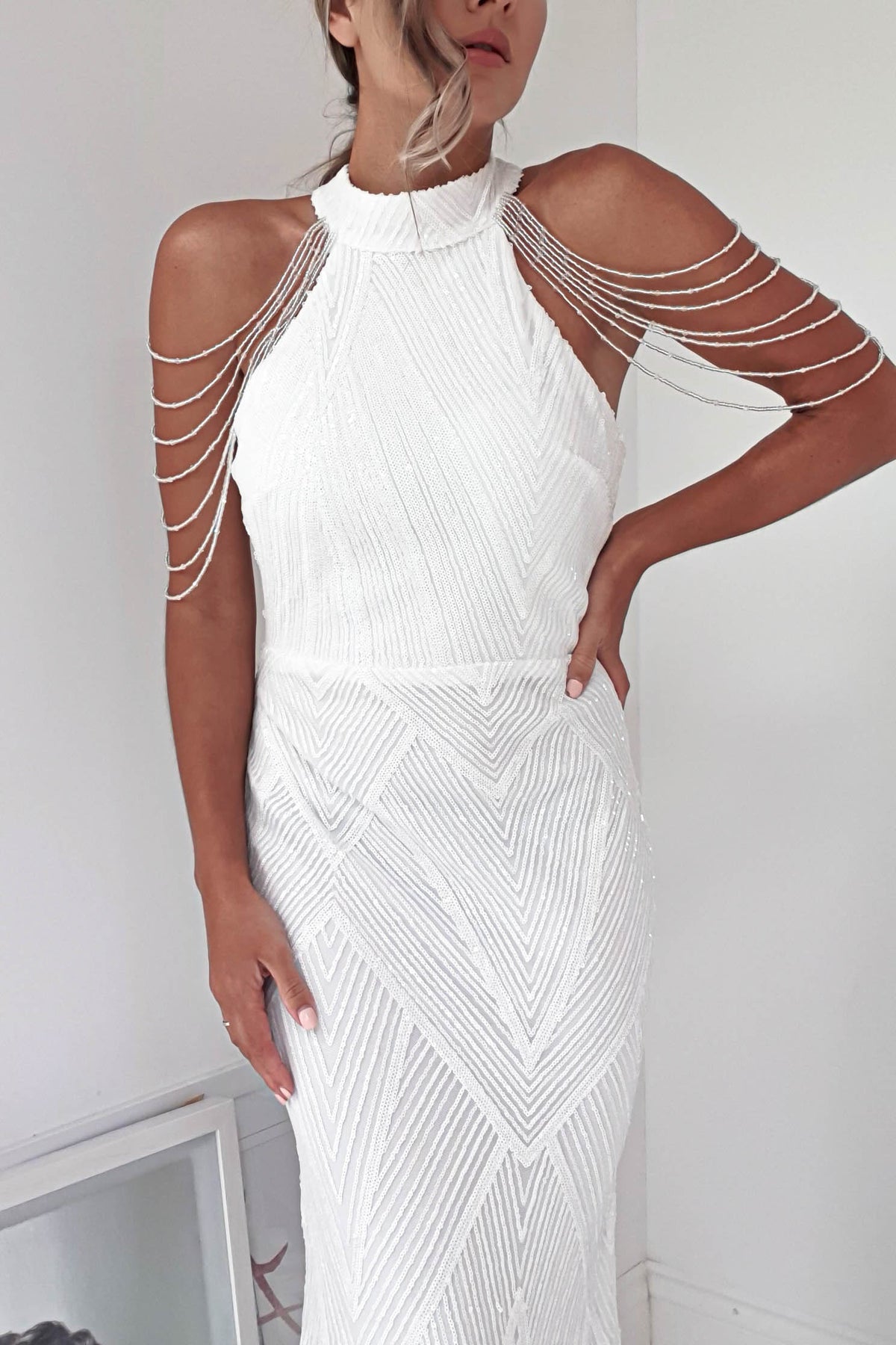 Robe de bal en queue de poisson à paillettes et à franges