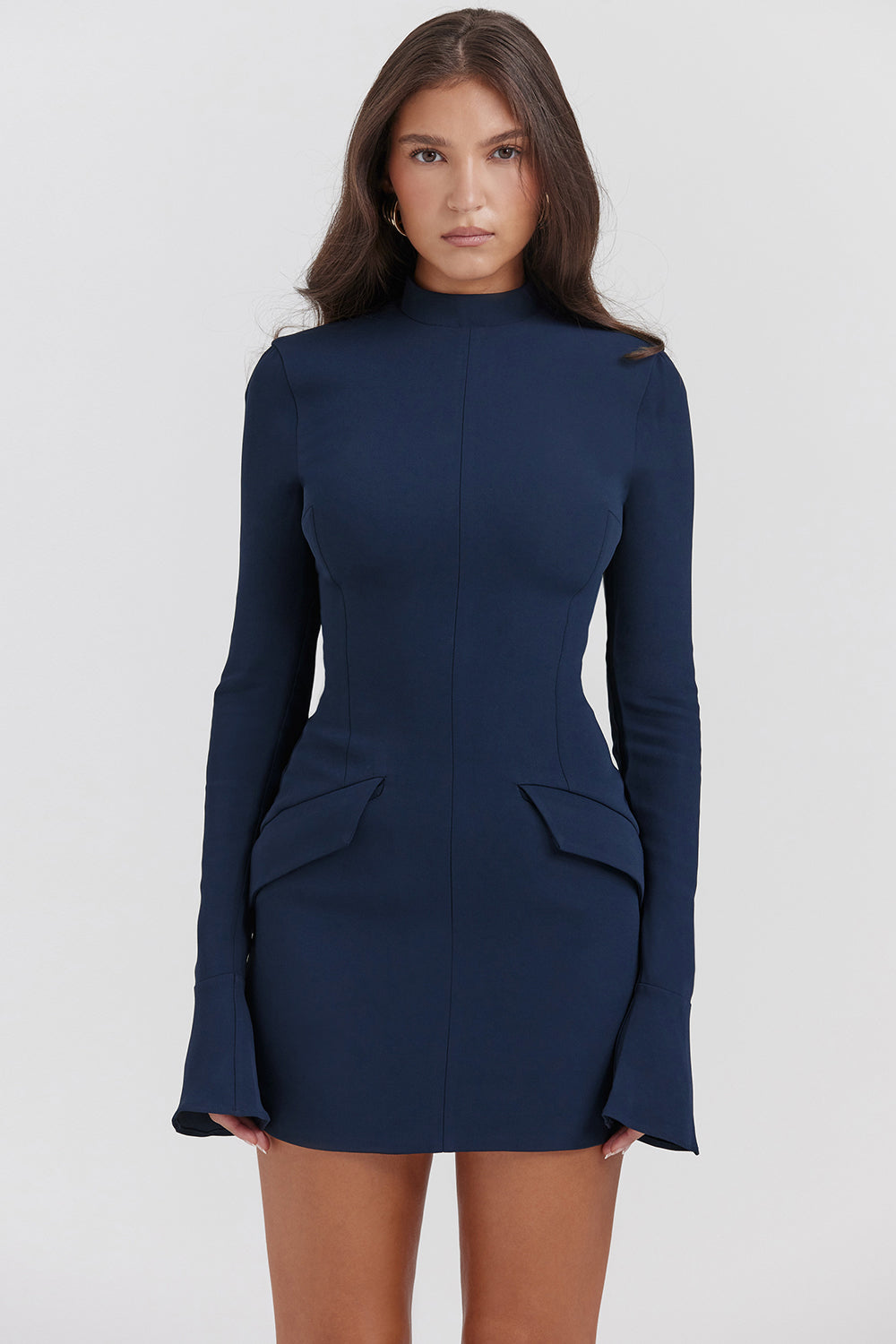 Fashion Long Sleeve Dress With Two Pockets Slim Bodycon Hip Short Dress For Women Aclosy