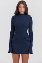 Fashion Long Sleeve Dress With Two Pockets Slim Bodycon Hip Short Dress For Women Aclosy