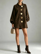 margot oversized faux suede jacket dress in chocolate brown worn as a mini dress with ankle boots - full length