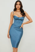 Neck Satin Fishbone Pleated Suspender Dress aclosy