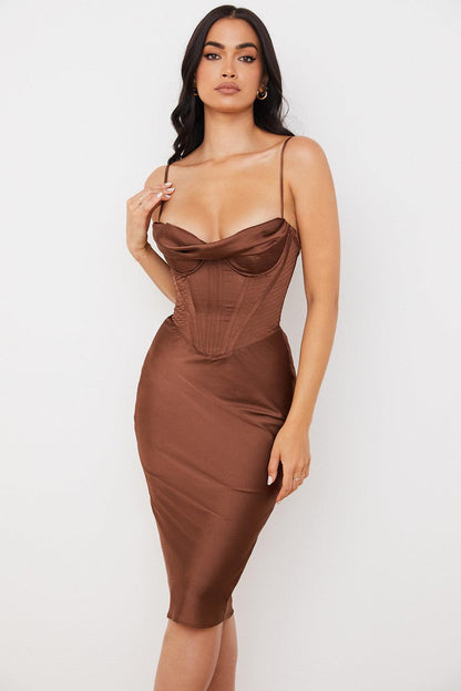 Neck Satin Fishbone Pleated Suspender Dress aclosy