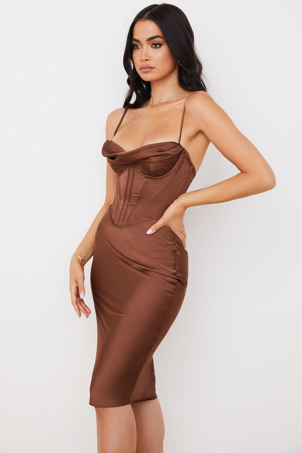 Neck Satin Fishbone Pleated Suspender Dress aclosy