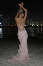 ALEKA ELEGANT BACKLESS RHINESTONE MAXI DRESS