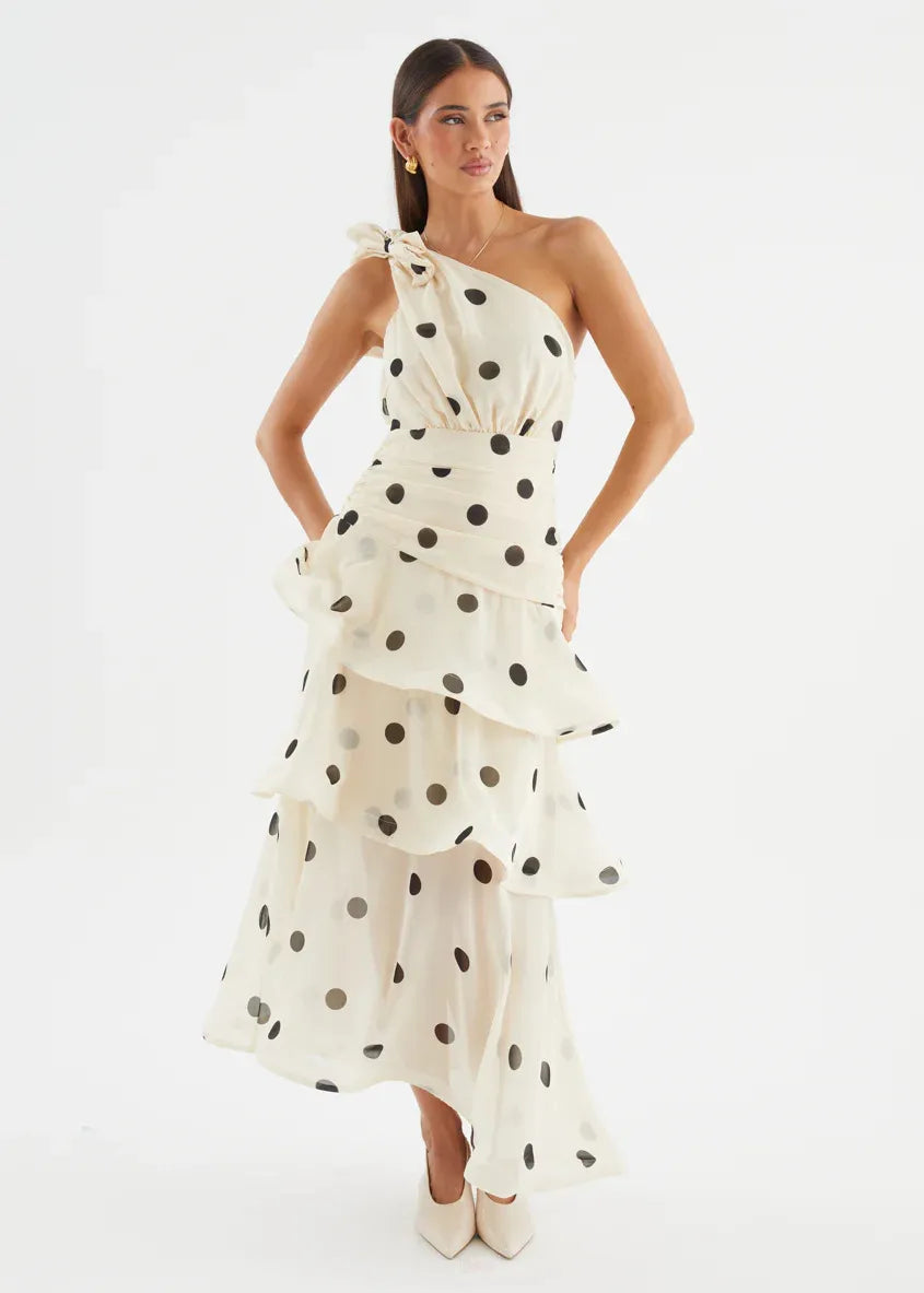 Elena One‑Shoulder Polka‑Dot Tiered Backless Dress (Copy) aclosy