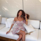 Color Printed Off-the-neck Stacked Ruffled Waist Dress #aclosyESL