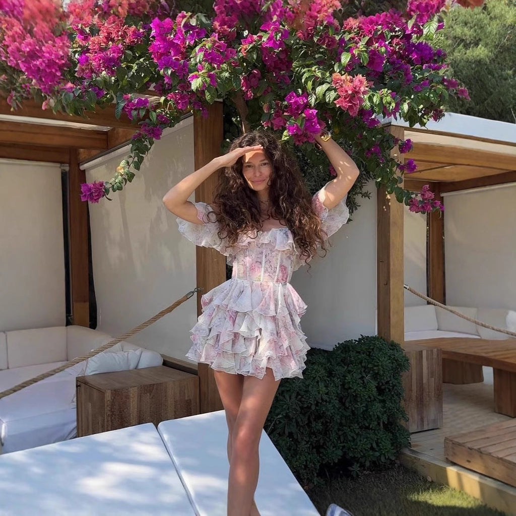 Color Printed Off-the-neck Stacked Ruffled Waist Dress #aclosyESL